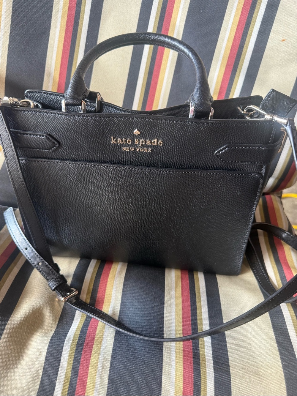 kate spade black Saffiano leather satchel with gold logo